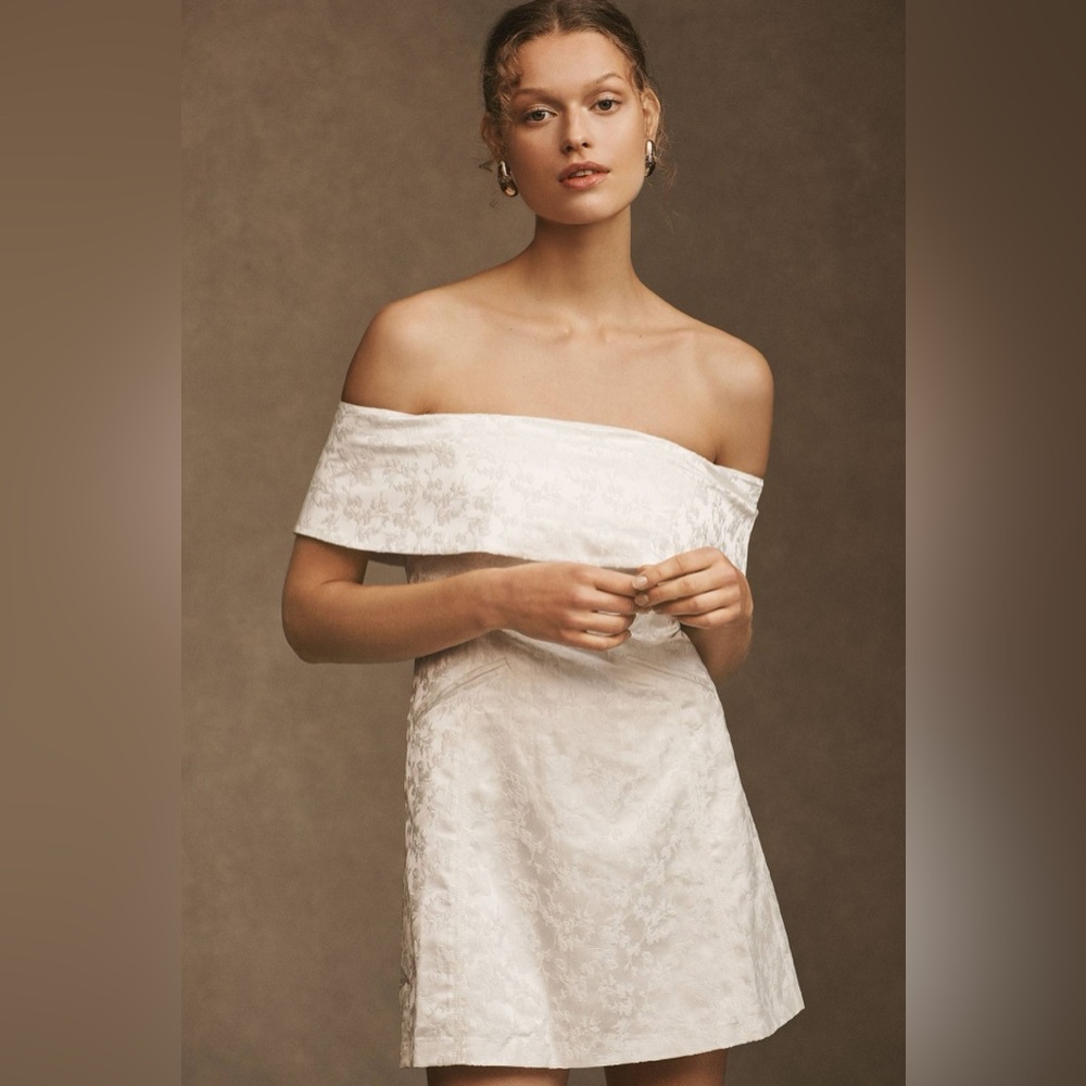 Anthro BHLDN Ingrid Stretch Jacquard Off-The-Shoulder Mini White Bridal Dress